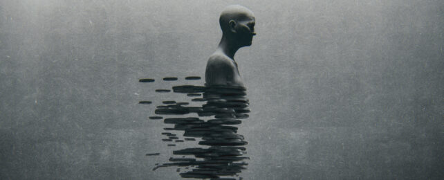 illustration of a figure breaking apart against a grey background