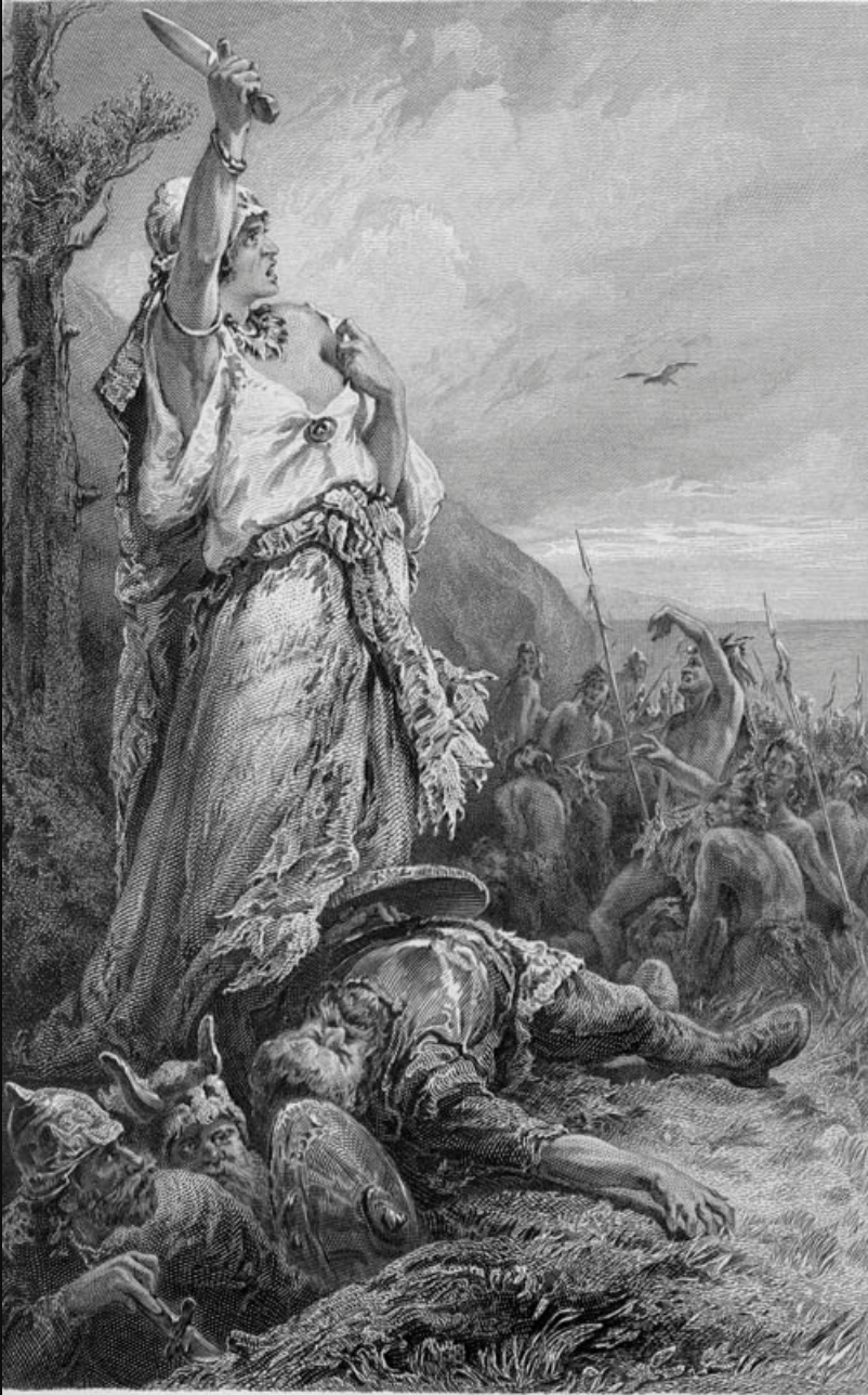 a greyscale engraving shows a viking woman holding a knife high in the air while clutching her breast. dead viking men are at her feet and attacking enemies holding spears cower in the distance.