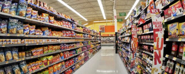aisle of ultra-processed foods at a Walmart