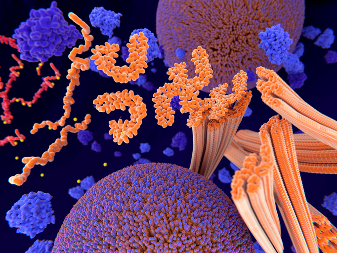 Illustration of abnormal tau proteins interfering with microtubule formation