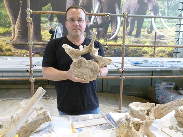 Researcher Ran Barkai with part of an elephant bone