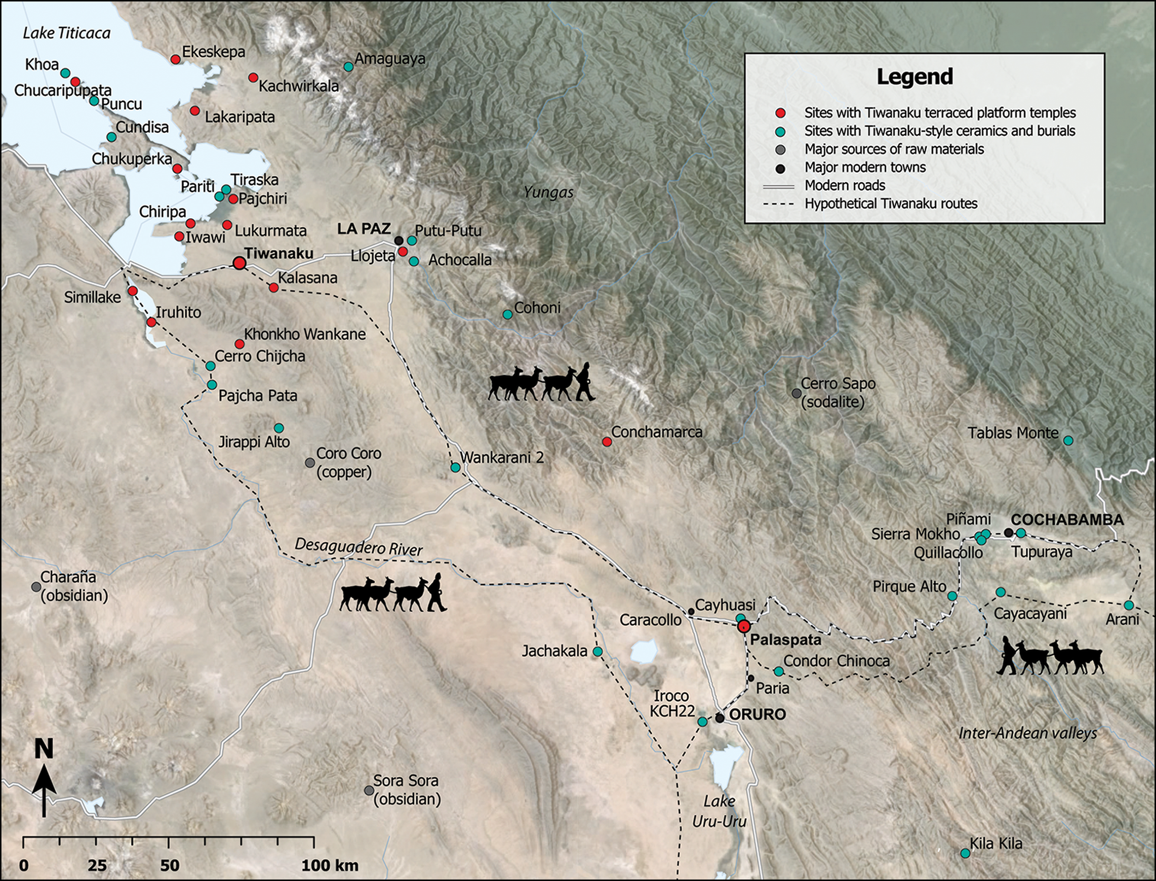 map of the region showing tiwanaku at the southern end of lake titicaca, near modern day la paz, surrounded by many markers for sites of terrace platform temples and ceramics and burial finds. palaspata is the most south-eastern temple site, near modern day cochabamba. estimated ancient roads are also marked, connecting sites.