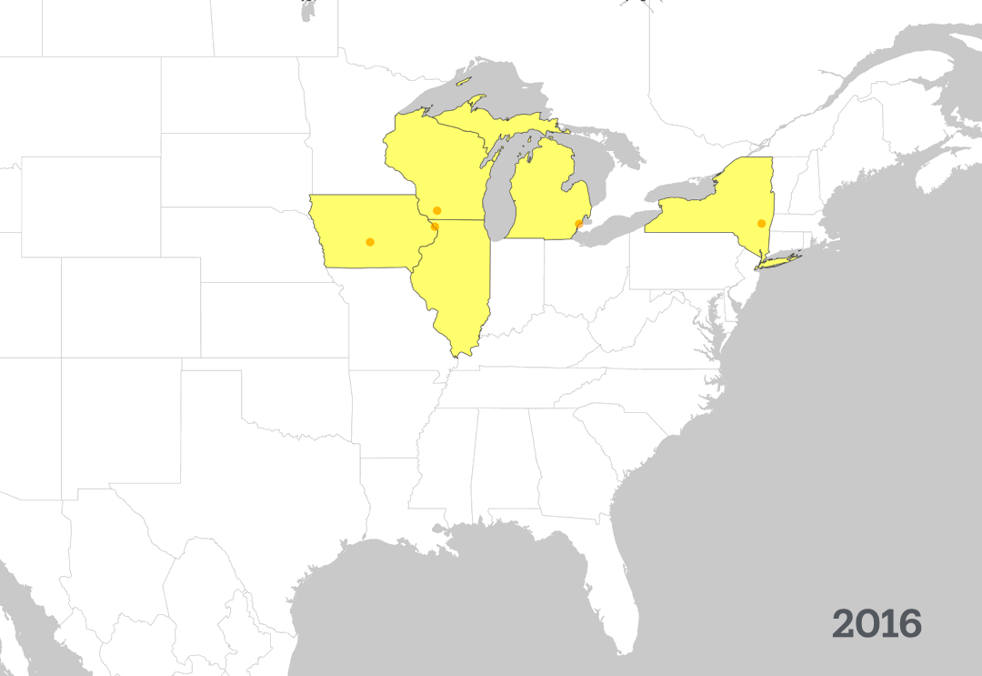 Gif showing spread of golden mushrooms across states
