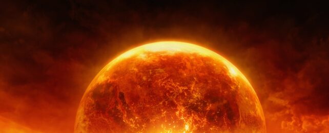 Illustration of a bright red planet looking like it's burning