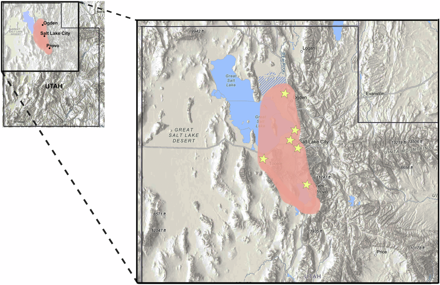 Distribuição das seis estações de amostragem (marcadas com estrelas amarelas) que coletaram dados de poluição do ar e informações meteorológicas próximas às residências dos pacientes em Utah. (Bounajem et al., npj Clean Air, 2025)