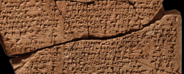 close-up of the reddish-brown clay tablet, with a crack horizontally through the middle, showing the cuneiform script engraved into its surface