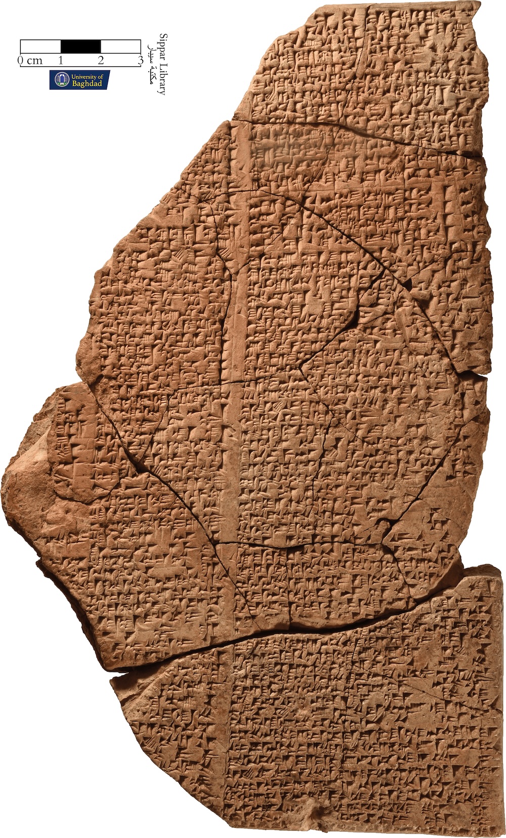 a scan of the surviving fragments of the clay tablet, containing two columns of cuneiform script. a key says the scan is from the university of baghdad, and the tablet is from the sippar library.