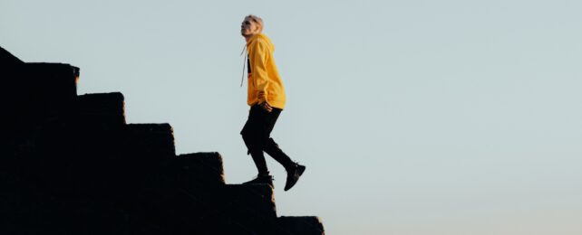 person walking up steps