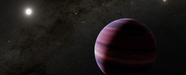 A purple sphere in the bottom right with a smaller, bright orb in the top left