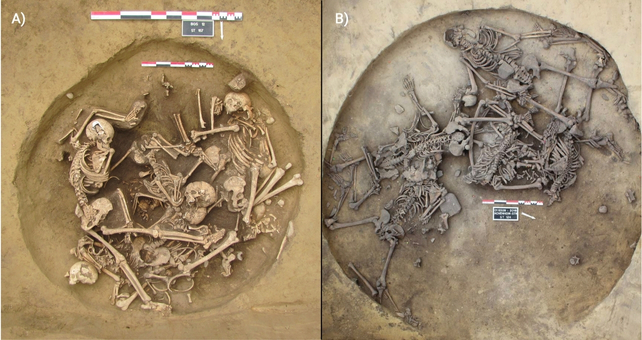 Two burial pits, marked A and B, containing multiple skeletons