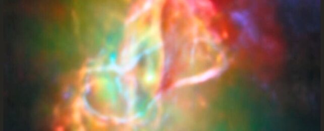Colorful gases in space, forming the appearance of a rainbow
