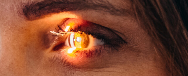 light shining on woman's eye during an eye test