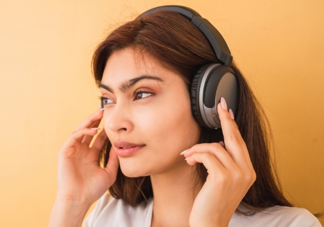 woman with headphones on