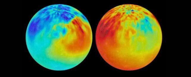 Two bright colored planets on a black background