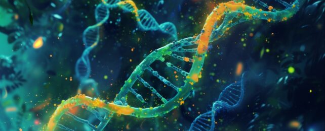 DNA helix twisted clockwise with gold highlighted genes
