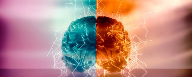 An abstract brain illustration with one blue and one orange half