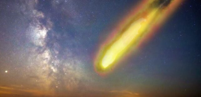 Golden glowing asteroid streaking through milky way studded sky