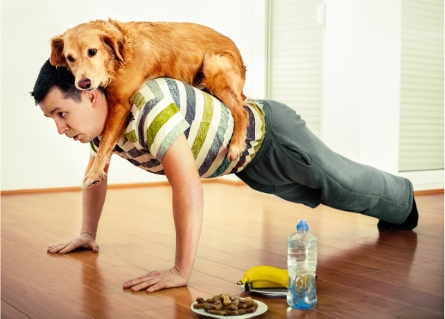 Man doing pushups with a dog on his back
