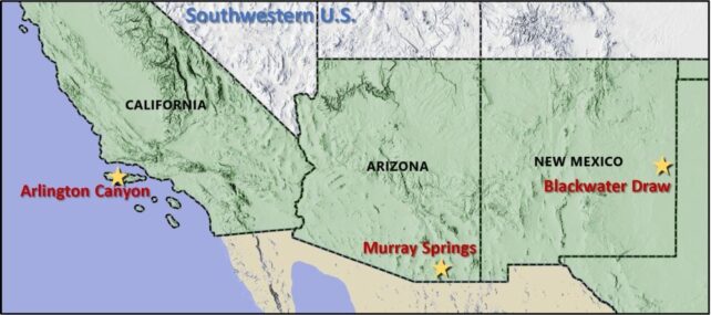 Map showing the three Clovis sites in the US