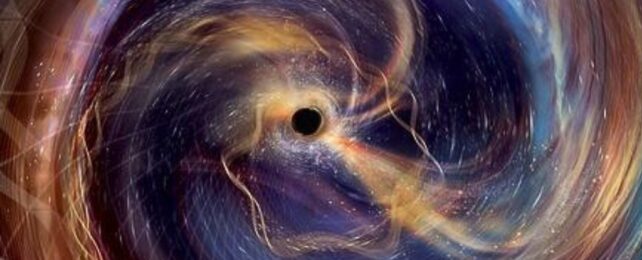 A swirling colorful mass around a black hole