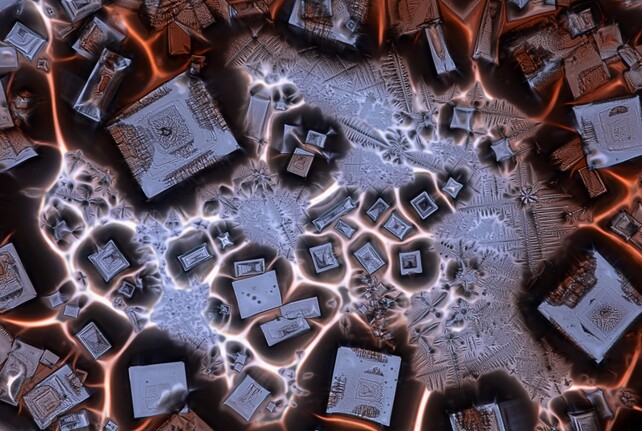 Textured silver squares and shapes divided by bright lines on a black background.