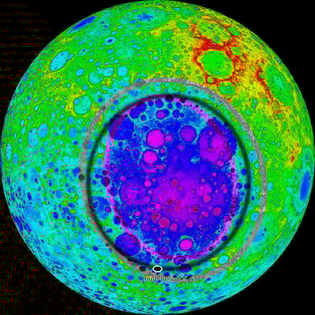Heat map showing the outlines of the ancient, giant crater, now pockmarked with many smaller craters