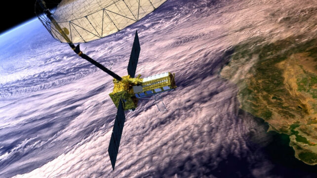 An artist's concept depicts the NISAR satellite in orbit over central and Northern California.