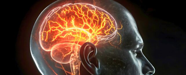 Illustration of a glowing orange brain inside a head
