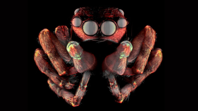 A spider with its legs curled underneath its body is displayed on a black background.