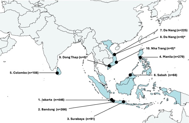 Map of South East Asia showing location of the ten hospitals where samples were collected from for the study.