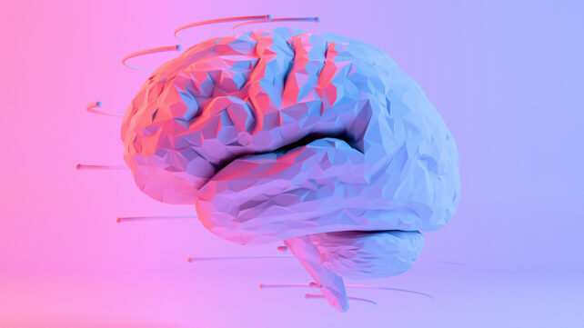 Low-poly abstract brain in neon gradient light