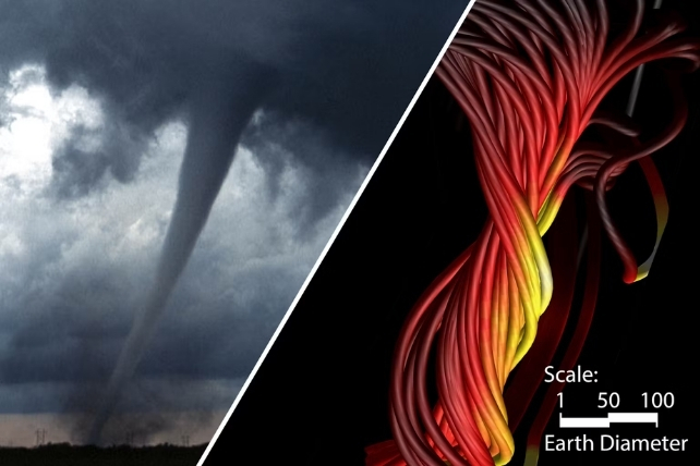 Comparing an image of an Earth tornado with a diagram of a Sun tornado