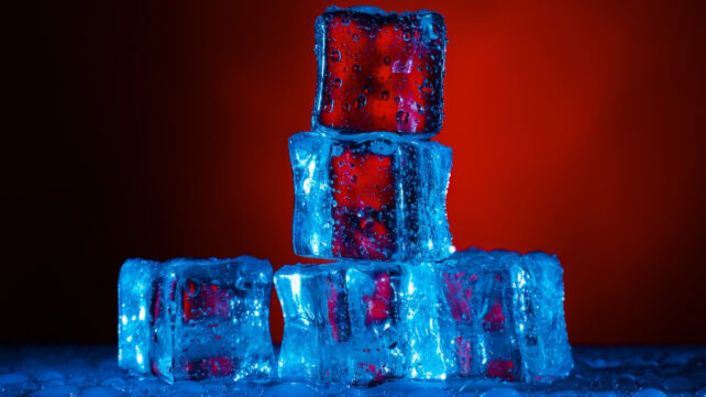 ice cubes with red and blue background