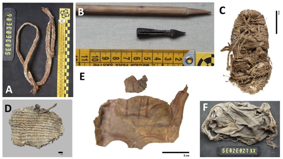 photo collage of 6 items found in ancient vulture nests: a braided strap, a piece of pointed metal, a bundle of cord shaped like a shoe, a fragment of woven material, a fragment of leather with markings, and a fragment of cloth.