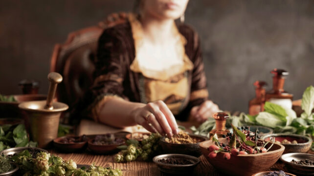 woman behind a table with herbs