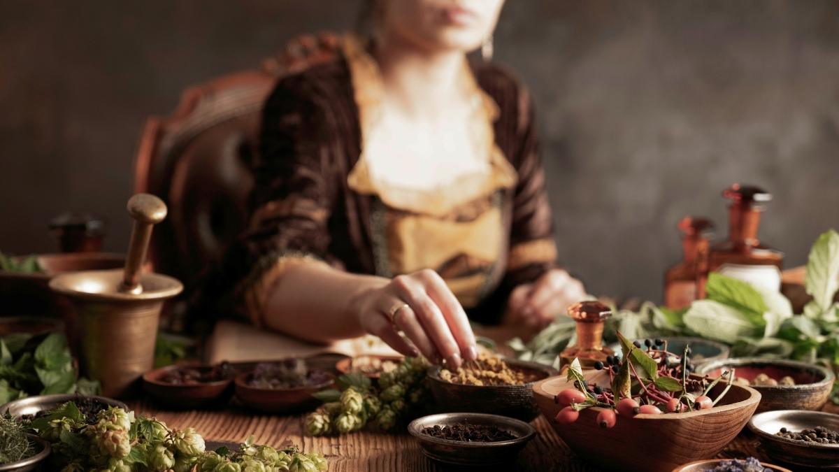 woman behind a table with herbs