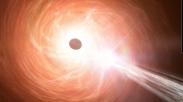 An artist's concept of a supermassive black hole, a surrounding disk of material falling towards the black hole and a jet containing particles moving away at close to the speed of light. This black hole represents a recently-discovered quasar powered by a black hole. New Chandra observations indicate that the black hole is growing at a rate that exceeds the usual limit for black holes, called the Eddington Limit.