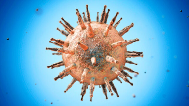 Computer illustration of Epstein-Barr virus particle (orange) on a blue background