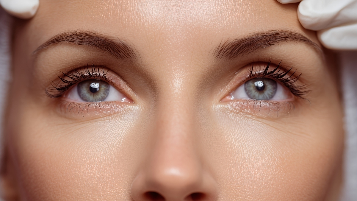 woman's eyes with gloved hands on her forehead