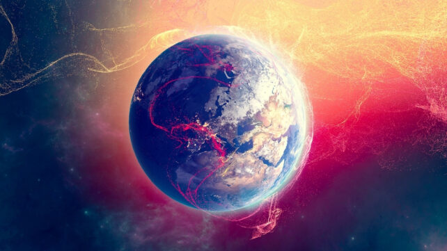 Earth surrounded by a red haze preresenting plasma