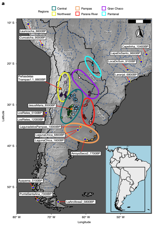 a map of the central southern cone of south america showing the locations where ancient dna was found