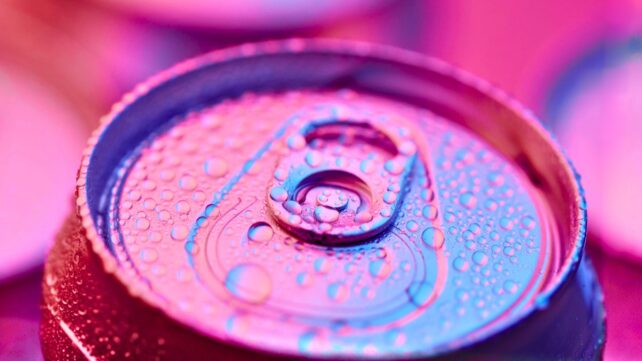 High contrast image of a blue and pink can of soda or other drink, covered with water droplets