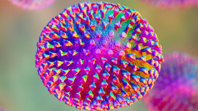Computer illustration of a flu virus particle in bright colors