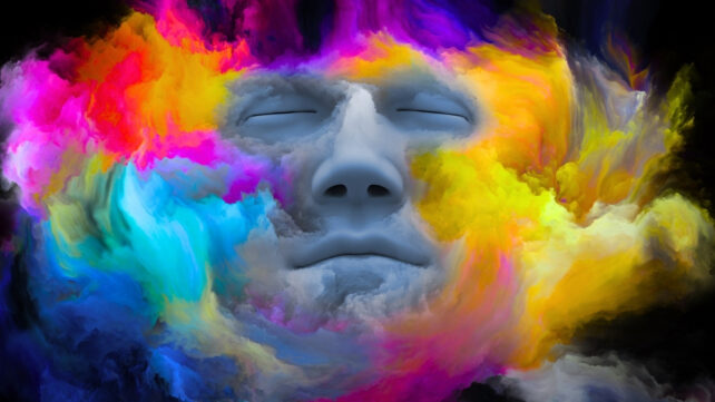 An abstract human face with eyes closed, morphed with bright colors