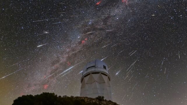 A bright meteor shower above an observatory, image of the Geminids taken in 2023