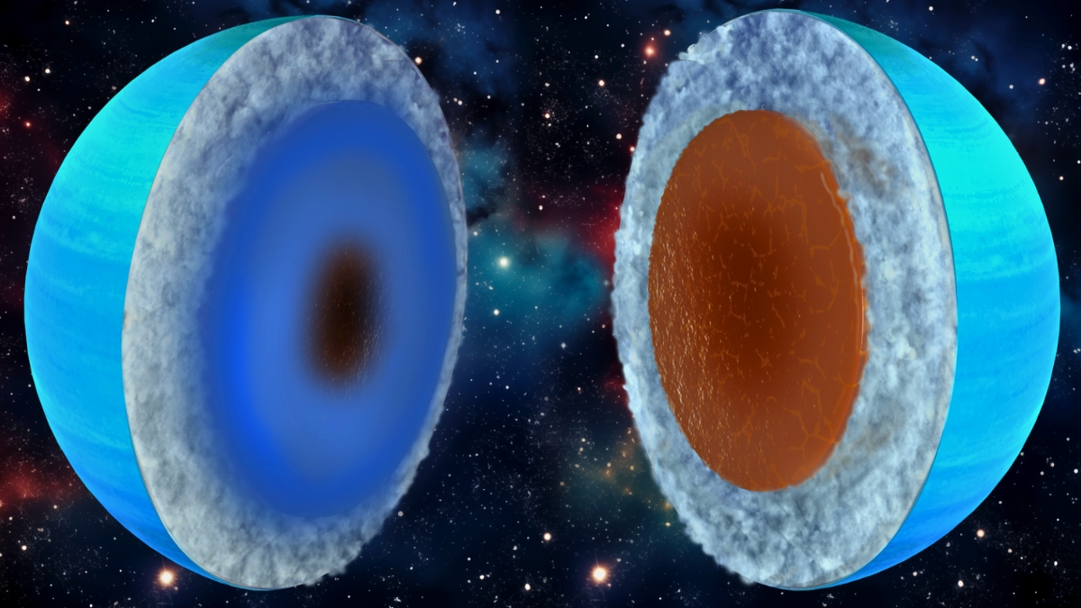 Cutaway illustration comparing the interiors of two ice giant planets, showing layered blue outer shells and contrasting cores, with one planet featuring a smaller dark core and the other a larger rocky core against a space background.