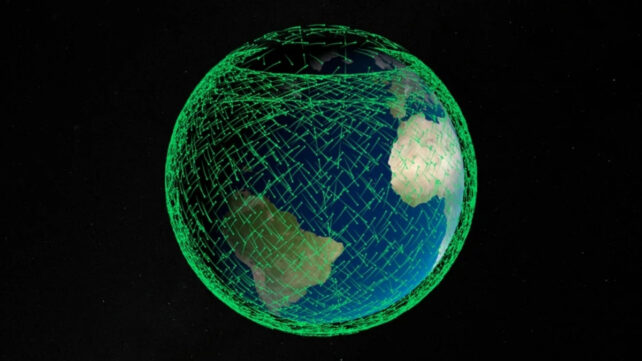 green lines over earth showing satellite paths