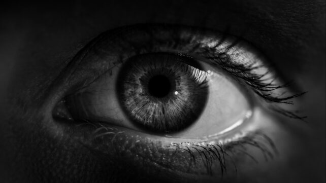 close up of wide awake eye in dark