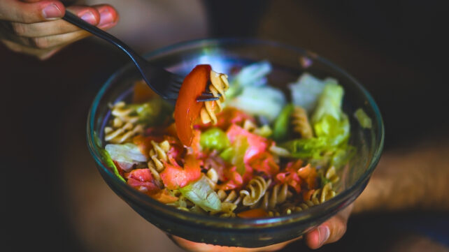 Hand holding a fork with a bowl of salad