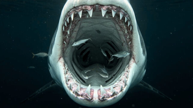 A dramatic underwater shot of a great white shark with open jaws, surrounded by small fish in the ocean.